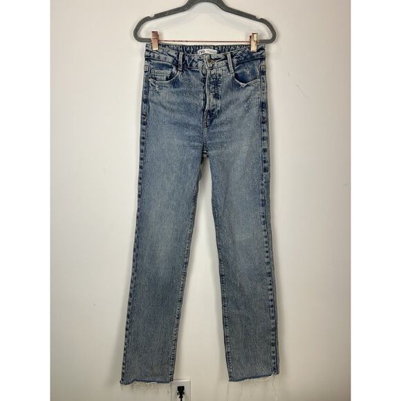 Zara Denim - Zara Women’s HIGH RISE LONG LENGTH STRAIGHT JEANS Blue Size US 4 Stretch